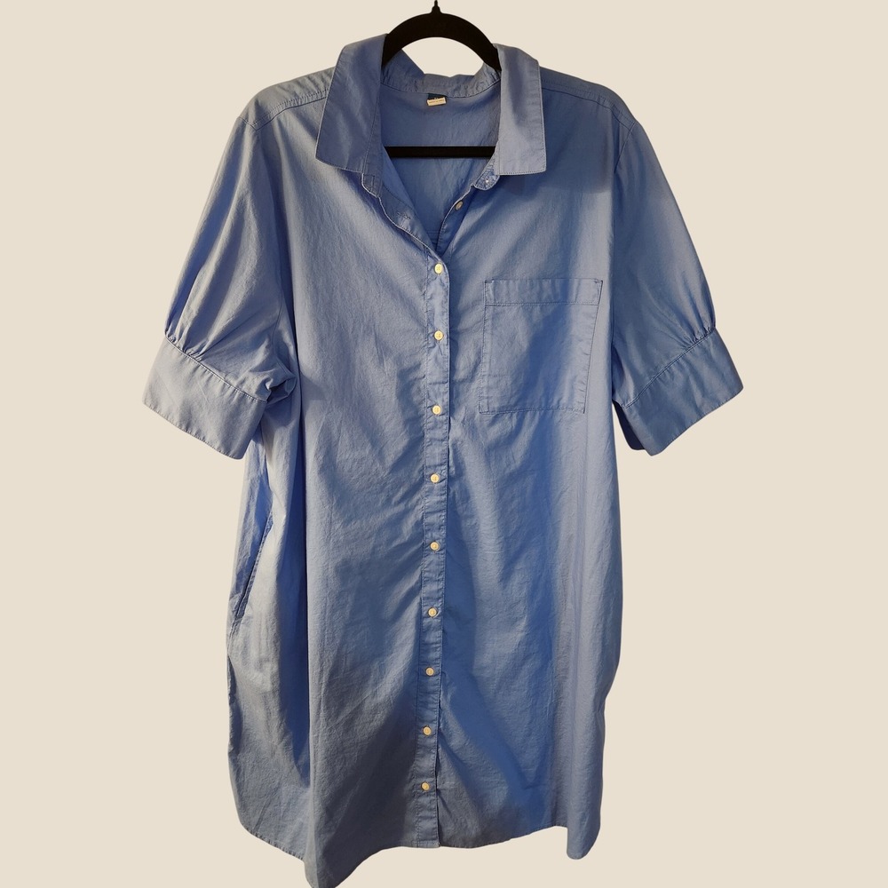 Old Navy Womens XL Blue Cotton Button Front Puff Sleeve Shirt Dress with Pockets